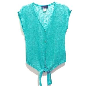 Marianne Women’s V-Neck Knit Crochet Lurex Knot Sheer Aqua Blue Top